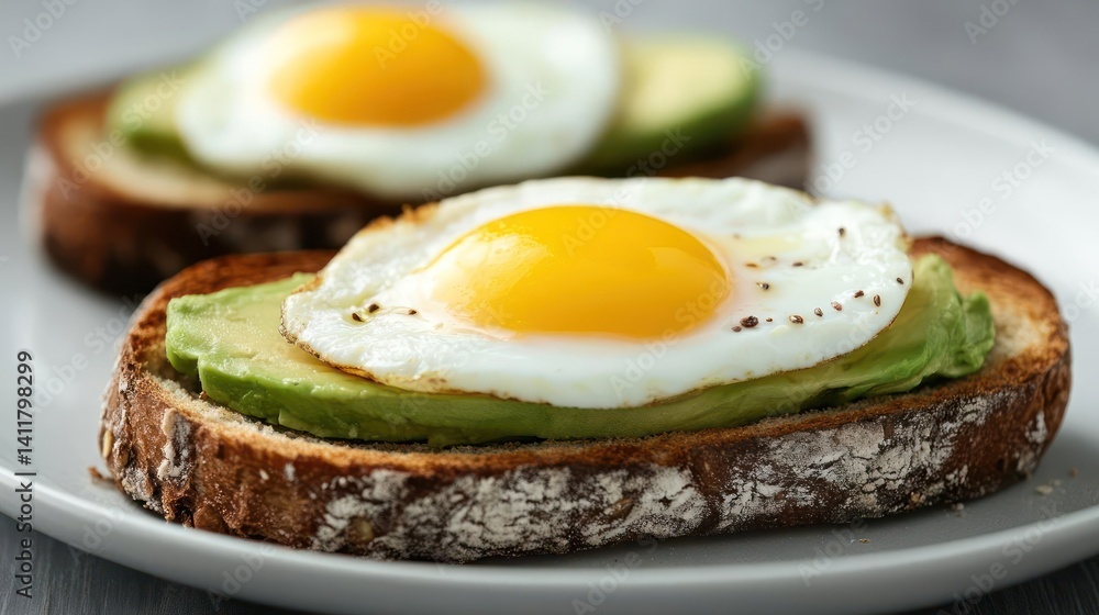 Poster two slices of toasted brown bread topped with avocado slices and a fried egg each, served on a white