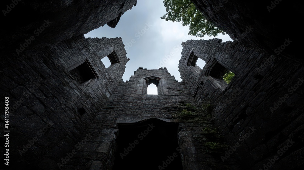 Poster This low-angle shot captures the ruins of a castle with stone walls, arched openings, and rectangular windows, framed by lush trees and a cloudy sky. The scene is lit with natural light, creating a