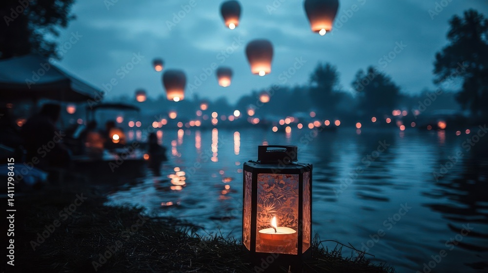 Poster night view showcases glowing lanterns released over a tranquil lake, with a large decorative lantern