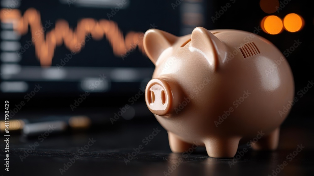 Poster Close up of a brown piggy bank on a dark surface with blurred background showing a financial graph and glowing lights, symbolizing savings, investment, and financial planning in a modern setting