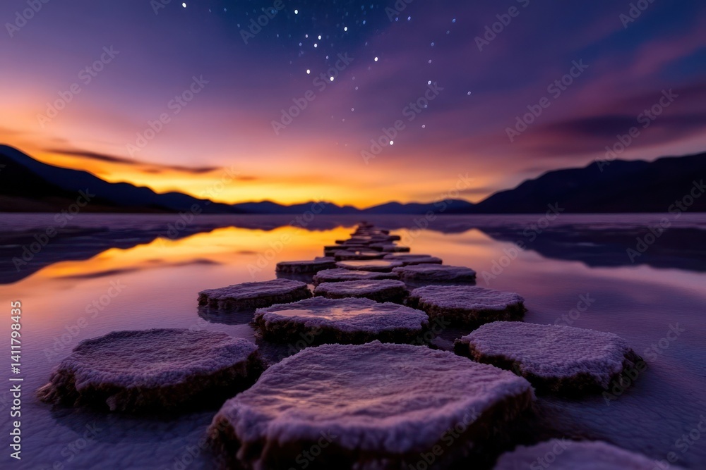 Aufkleber Scenic landscape featuring a stepping stone pathway over water, capturing the vibrant hues of a sunset and the serene reflection on the water's surface with a backdrop of distant mountains and a