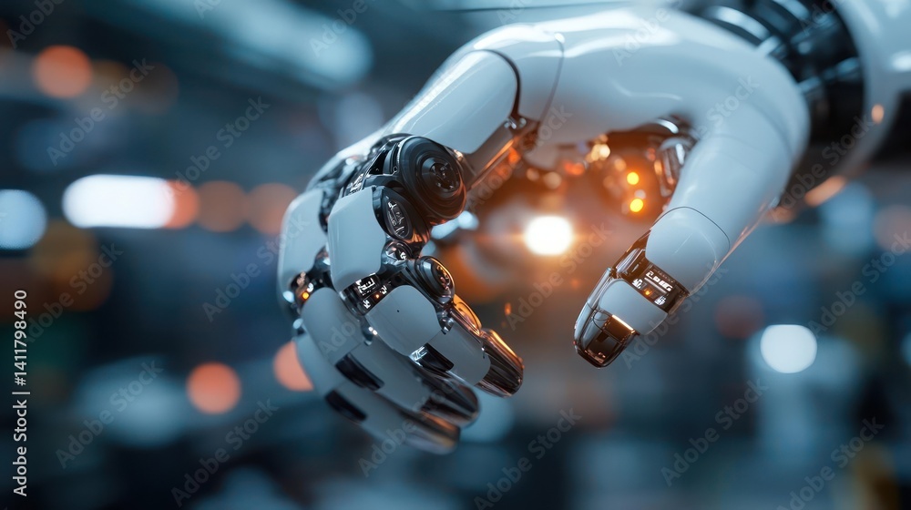 Poster close up, a robot arm and hand, showcasing a blend of white and chrome finishes. the background is b