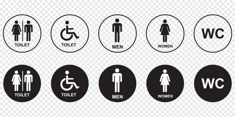 Gender symbol icon. WC icons set. Toilet sign. Man, woman, silhouettes collection. Male and female restroom. 