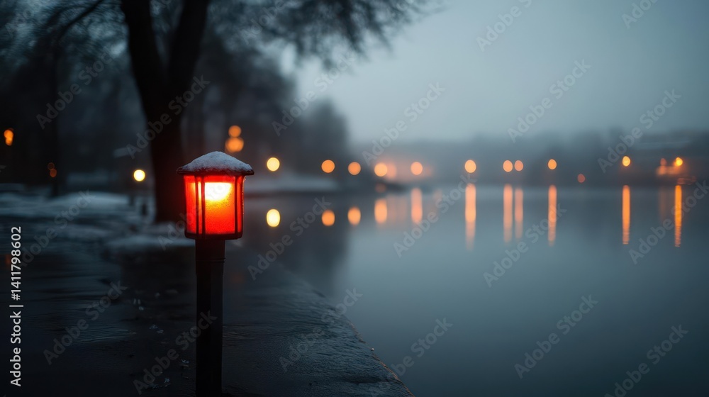 Aufkleber scenic view of a snow dusted red lantern by a misty lake, capturing its warm glow against the cold w