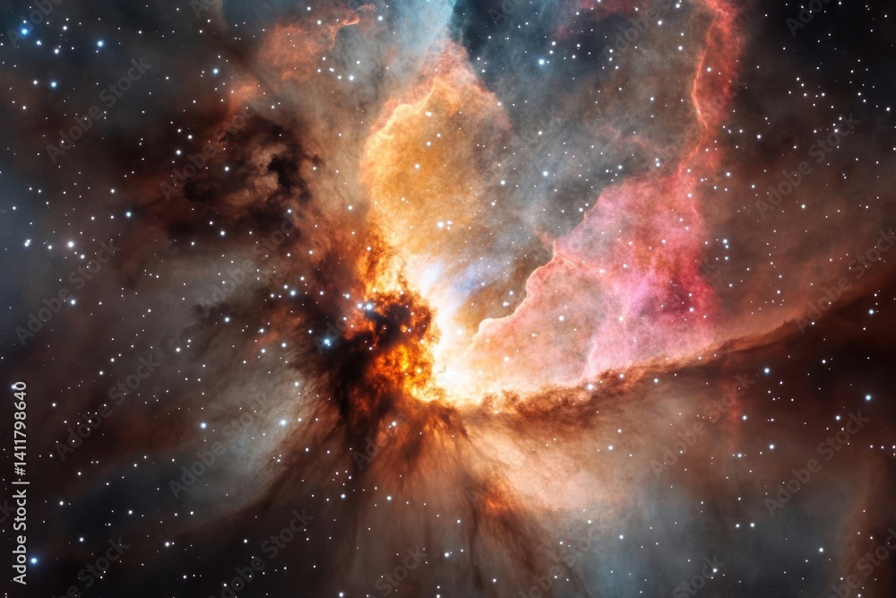 Aufkleber A striking space photography showcasing a cosmic nebula with orange and red hues against a backdrop of dark space and radiant stars. The nebula's swirling clouds create a visually dramatic and