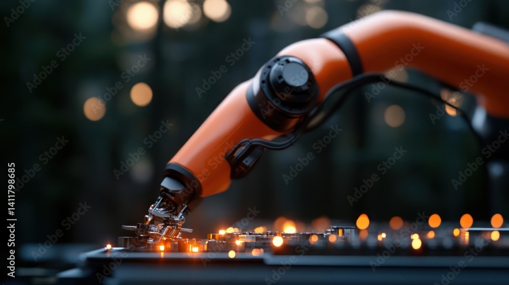 Aufkleber Close up of an orange robotic arm performing precise actions on a dark metal surface with glowing sparks. The background features a soft bokeh of forest lights, creating a contrast between technology