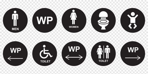 Gender symbol icon. WC icons set. Toilet sign. Man, woman, silhouettes collection. Male and female restroom. 