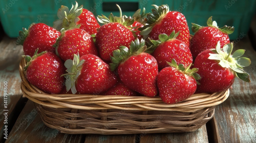 Poster vibrant, fresh strawberries are piled high in a rustic woven basket on a weathered wooden surface. t