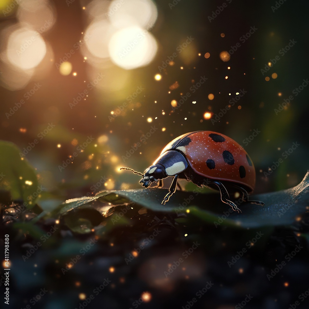 Fototapete close-up shot of a ladybug crawling on a leaf, surrounded by glowing specks. the background is soft 
