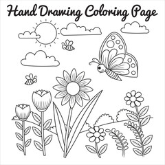Hand Drawn Coloring Page of a Spring Garden with Flowers, Butterfly, Sun, and Bee