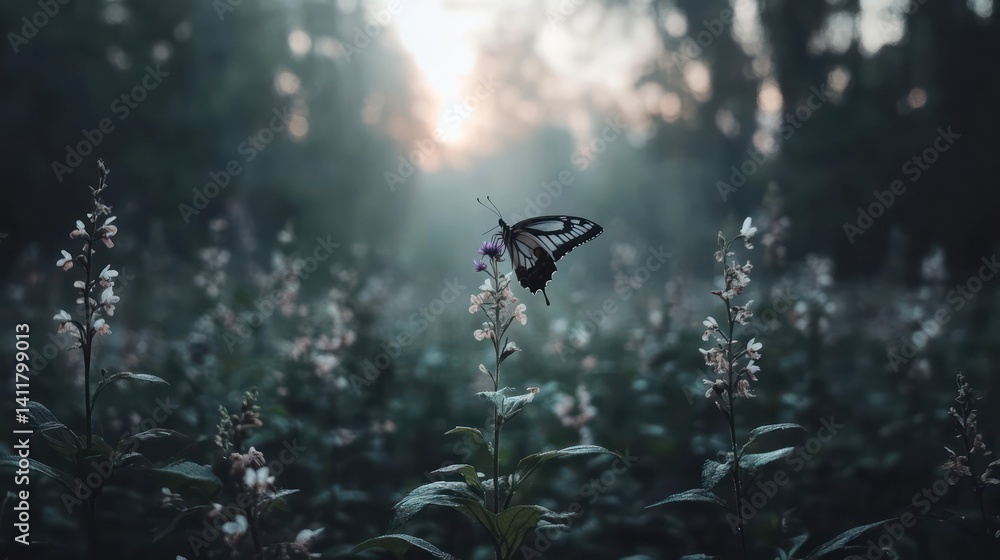 Leinwandbilder close-up of a butterfly perched on a flower in a field, bathed in the soft, diffused light of dawn o