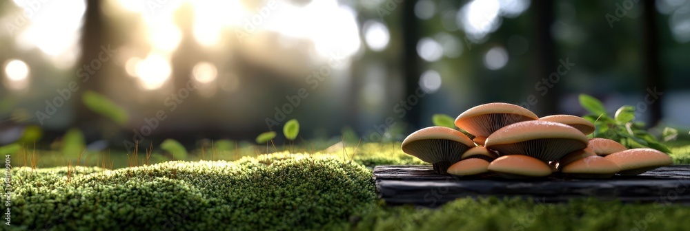 Fototapete a cluster of mushrooms sits atop a mossy log bathed in warm sunlight. the background features a soft