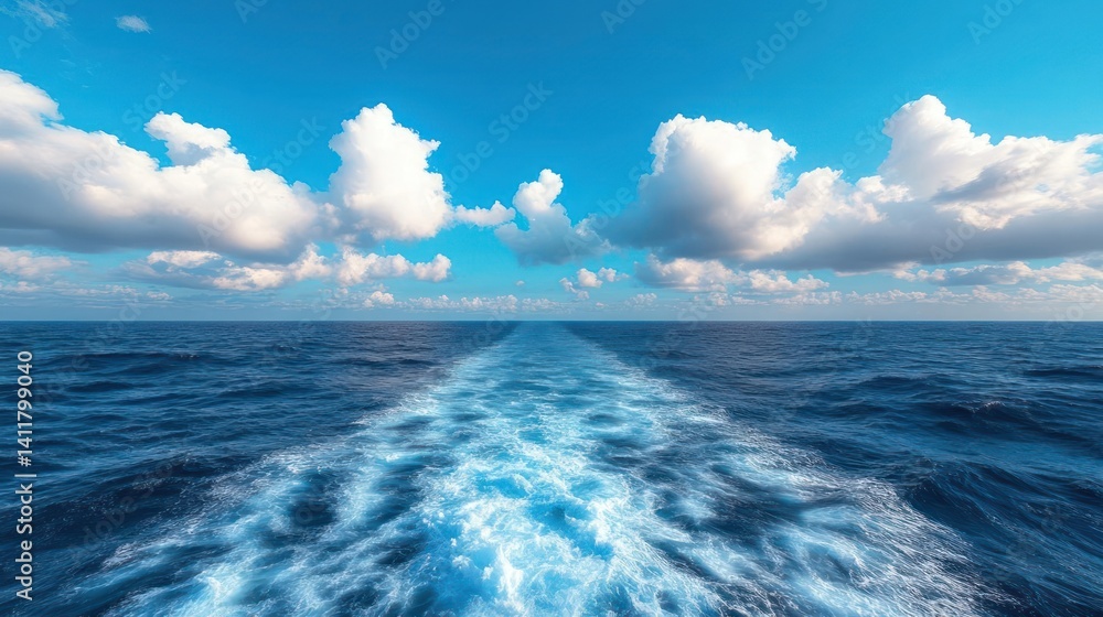 Poster vibrant shot of a deep blue sea with white wake trailing behind, under a sunny sky dotted with fluff