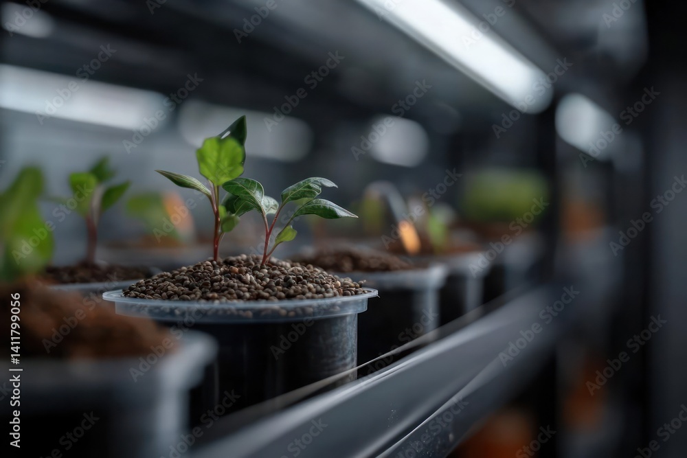Poster close up of young green plants sprouting from soil in small pots on a shelf, under bright lights. th