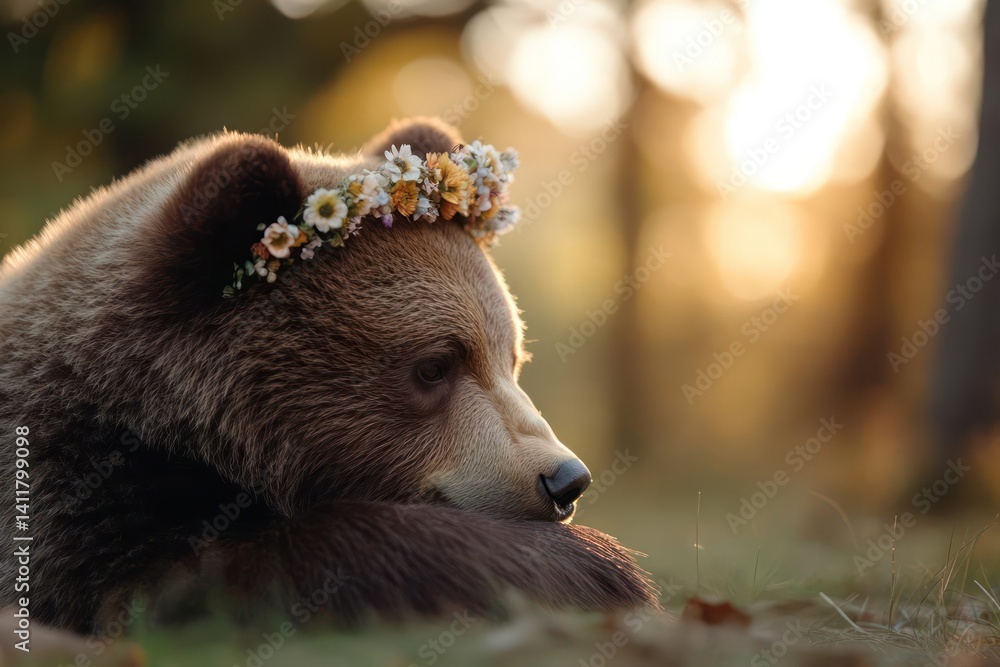 Poster close up of a brown bear wearing a floral crown resting in a forest. the scene is bathed in the gold