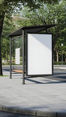 A realistic mockup of a vertical poster banner attached to a bus stop shelter, positioned on the sidewalk by the roadside. The blank white poster blends seamlessly with the structure.
