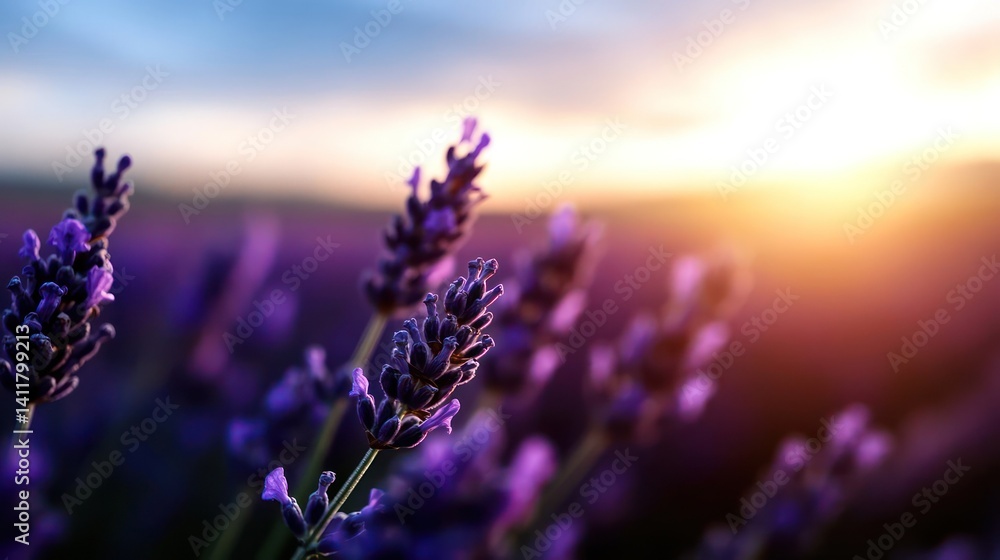 Poster close-up view of a lavender field at sunset, bathed in warm light with a soft focus background. the 