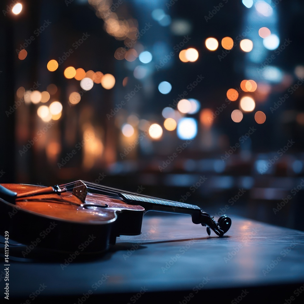 Aufkleber close-up on a classical brown violin lying on a dark wooden surface, bathed in ambient lighting. bok