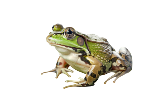 A vibrant frog perched gracefully on a lush green lily pad, showcasing its intricate patterns and lively demeanor in a serene environment isolated on transparent background