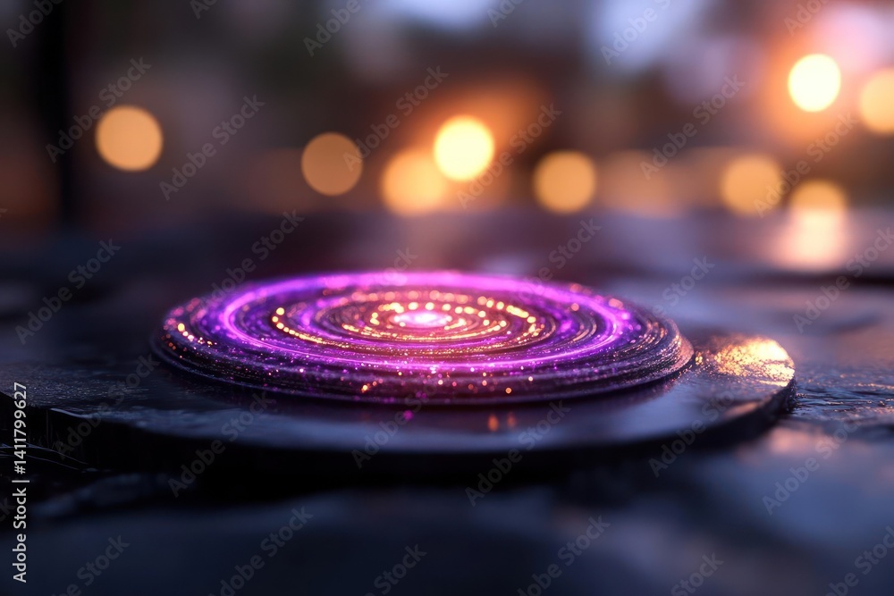 Poster Close-up shot of a small, round, textured platform with concentric circles of glowing light. The platform sits on a dark, reflective surface with blurred bokeh lights in the background, creating a