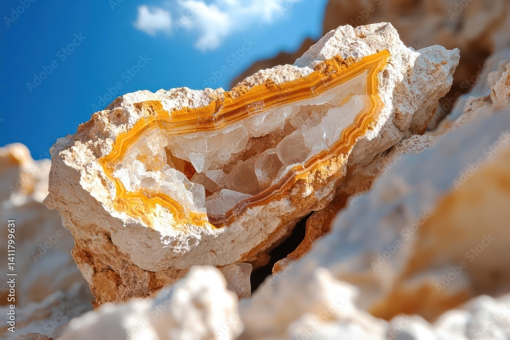 Poster close-up shot of a geode with a beige and orange outer layer, and translucent white quartz crystals.