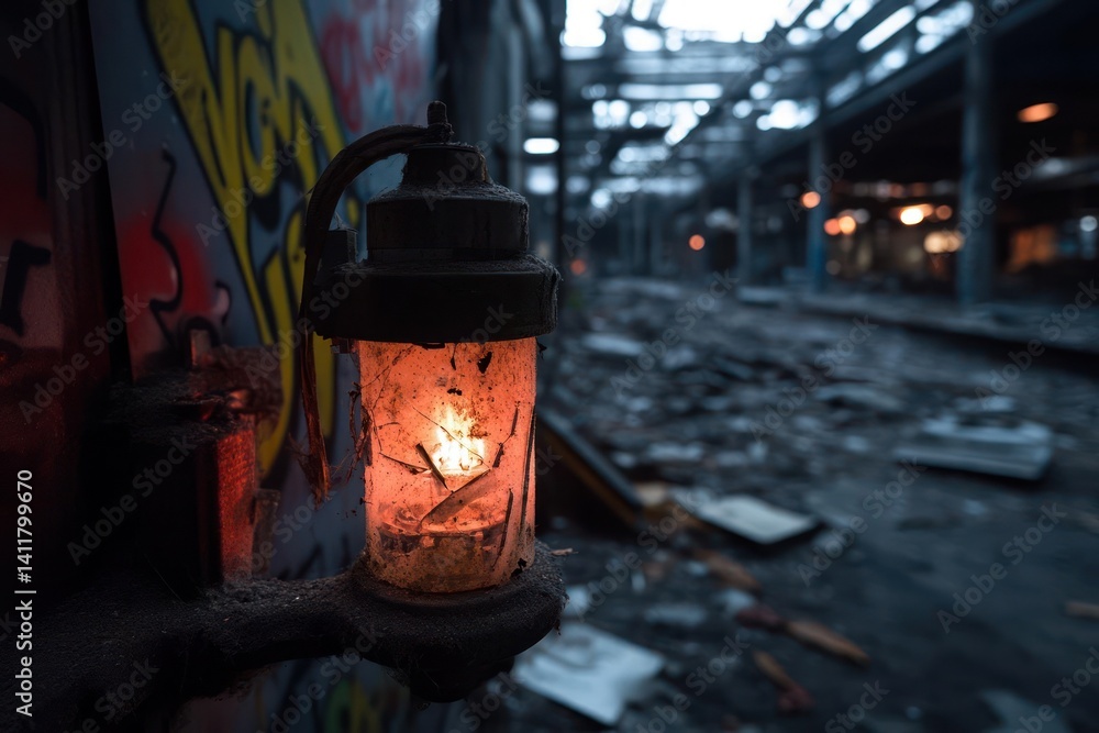 Poster close up of a glowing orange lantern sits in an abandoned grungy building, graffiti covers the wall.