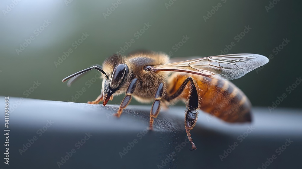 Poster a macro shot of a honeybee on a gray surface captures its intricate details. the bee's brown and ora