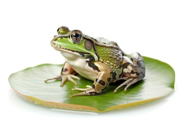 Obraz premium A vibrant frog perched gracefully on a lush green lily pad, showcasing its intricate patterns and lively demeanor in a serene environment isolated on transparent background