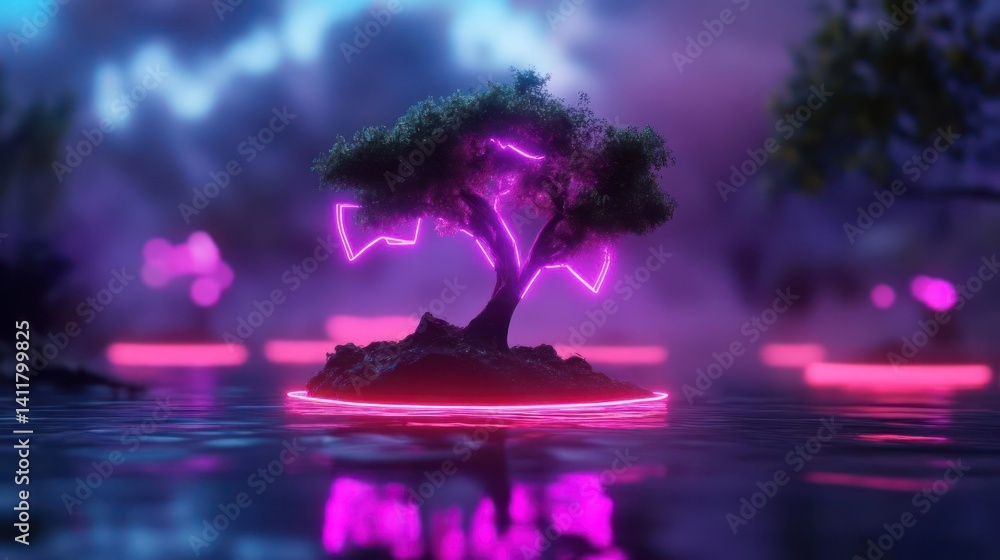 Poster a surreal landscape with a small tree illuminated by neon lights, set on a rocky mound surrounded by