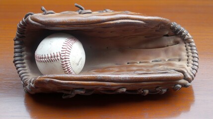 A baseball glove holding a white baseball on wooden surface, nostalgic sports feel