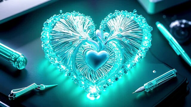 A heart shaped glass heart sitting on top of a desk next to a laptop