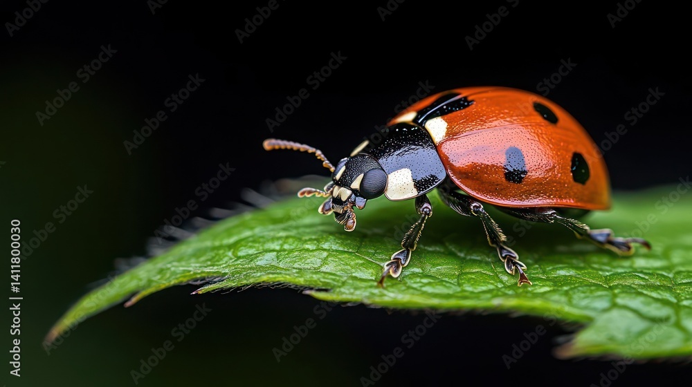 Poster detailed macro shot of a ladybug with red and black spots perched on a vibrant green leaf against a 