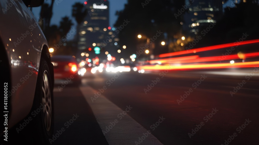 Poster nighttime street scene with blurred motion of vehicle lights on an asphalt road with a white car vis