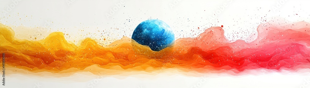 Poster vibrant abstract landscape with blended colors and floating elements representing a celestial scene