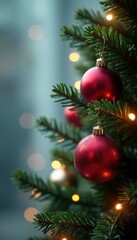 Vibrant red, Christmas tree bough, shiny baubles, empty area, tree, winter backdrop