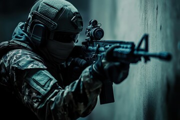 Fototapeta premium Soldier aiming firearm while seeking cover in a dimly lit urban environment