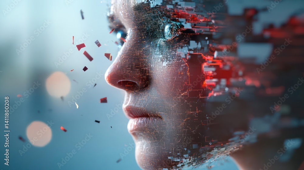 Poster Close up of a young woman's face in profile with digital data overlay, creating a modern technological aesthetic. Shot with soft focus and glowing lights for depth