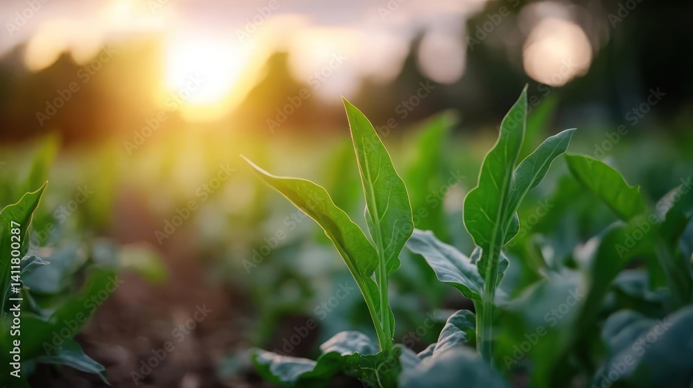 Poster Close-up shot showcases vibrant green plants sprouting from the soil, bathed in warm sunlight during golden hour. Bokeh lights in the background create a soft, ethereal ambiance over the field