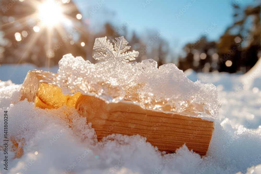 Aufkleber close-up of snow on a wooden surface illuminated by the sun, with a forest in the background. the sc