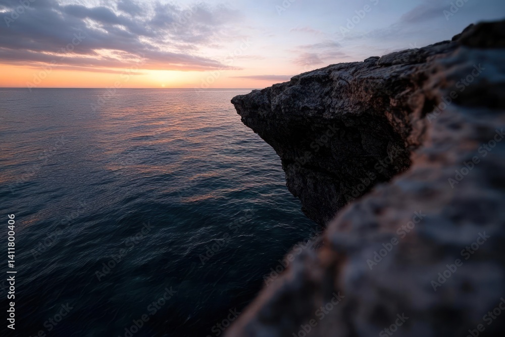 Poster Dramatic ocean view with focus on rocky coastal edge bathed in the warm glow of the setting sun, creating a scenic seascape with tranquil waters reflecting the colorful sky. The rock formation