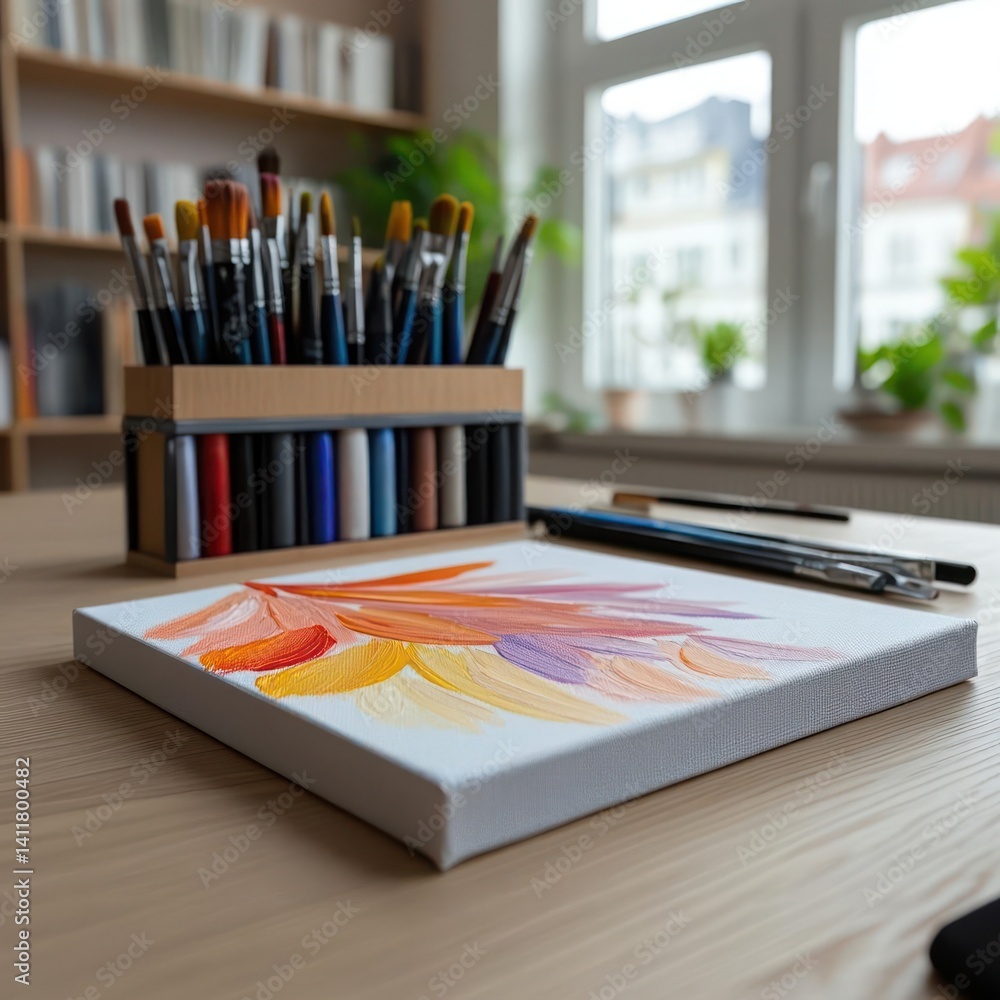 Poster close-up of a white canvas with an abstract painting of orange and purple brushstrokes, resting on a
