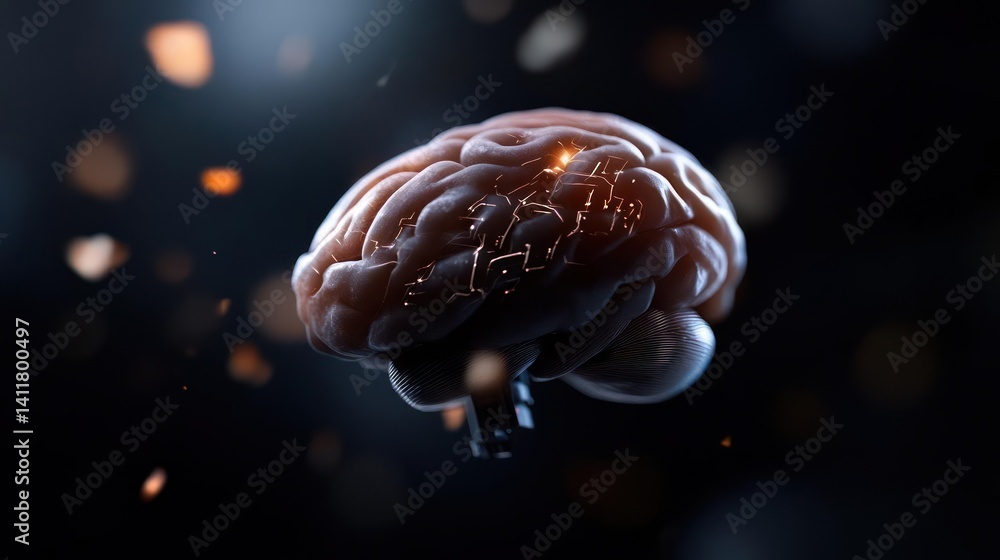Poster detailed render of a brain floating in the center, with highlighted spots. the backdrop is a dark, s