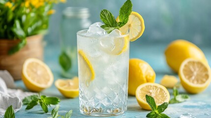 Refreshing Lemonade Drink with Ice and Mint
