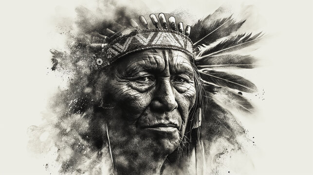 Portrait of a indian chief, black and white pencil draw
