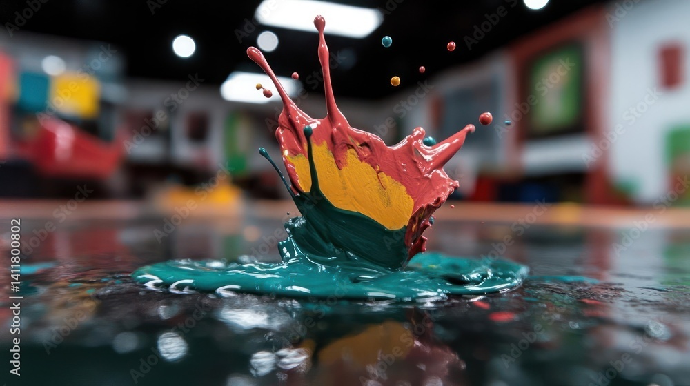 Aufkleber dynamic macro shot of vibrant paint splash featuring teal, red, and yellow hues, set against a blurr