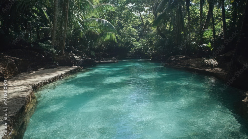 Poster a serene, blue pool of water sits nestled in a lush, green forest. sunlight filters through the dens