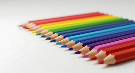 Naklejka premium Colored Pencils in a Row Displaying Rainbow Spectrum on White Background