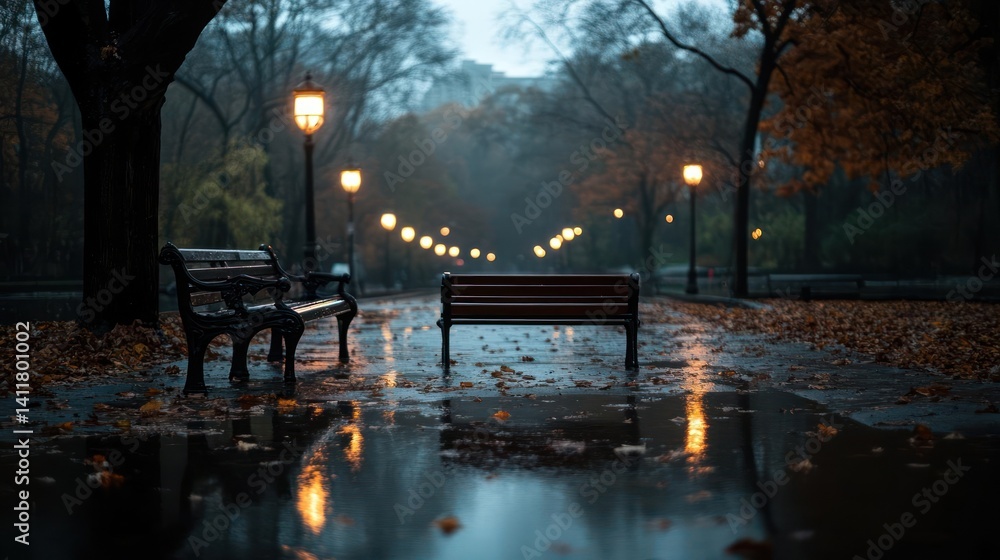 Poster a park walkway lined with benches and old fashioned streetlights reflects the wet pavement after a r