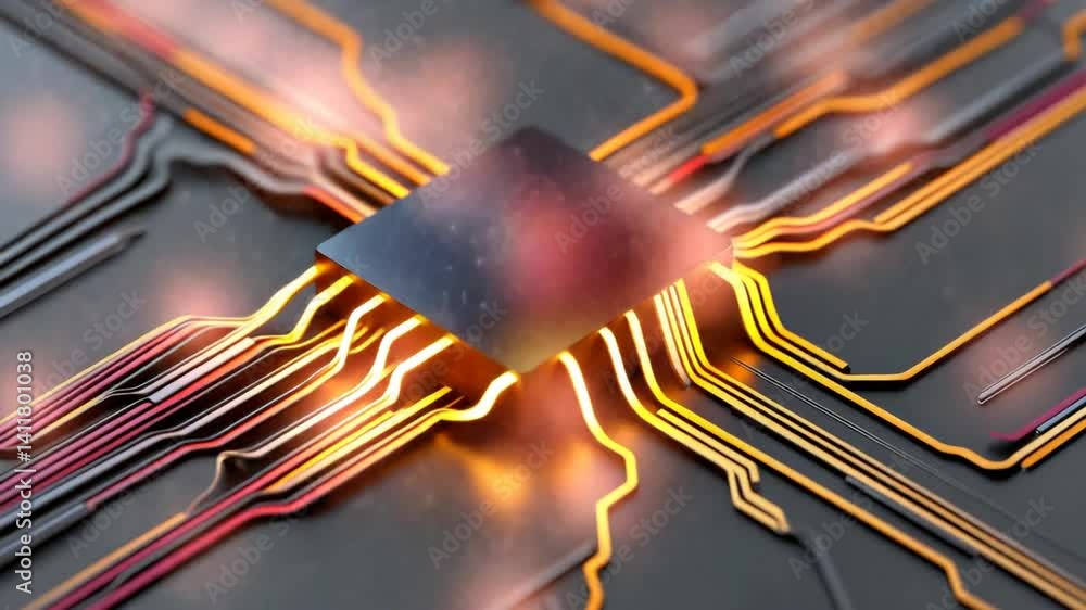 Poster abstract close-up of a dark circuit board with glowing lines and central chip design for technology 