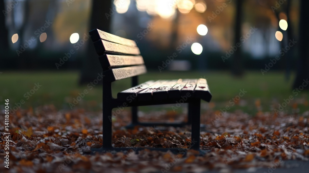 Aufkleber a long dark wooden bench sits in a park covered in fallen autumn leaves, illuminated by soft bokeh l